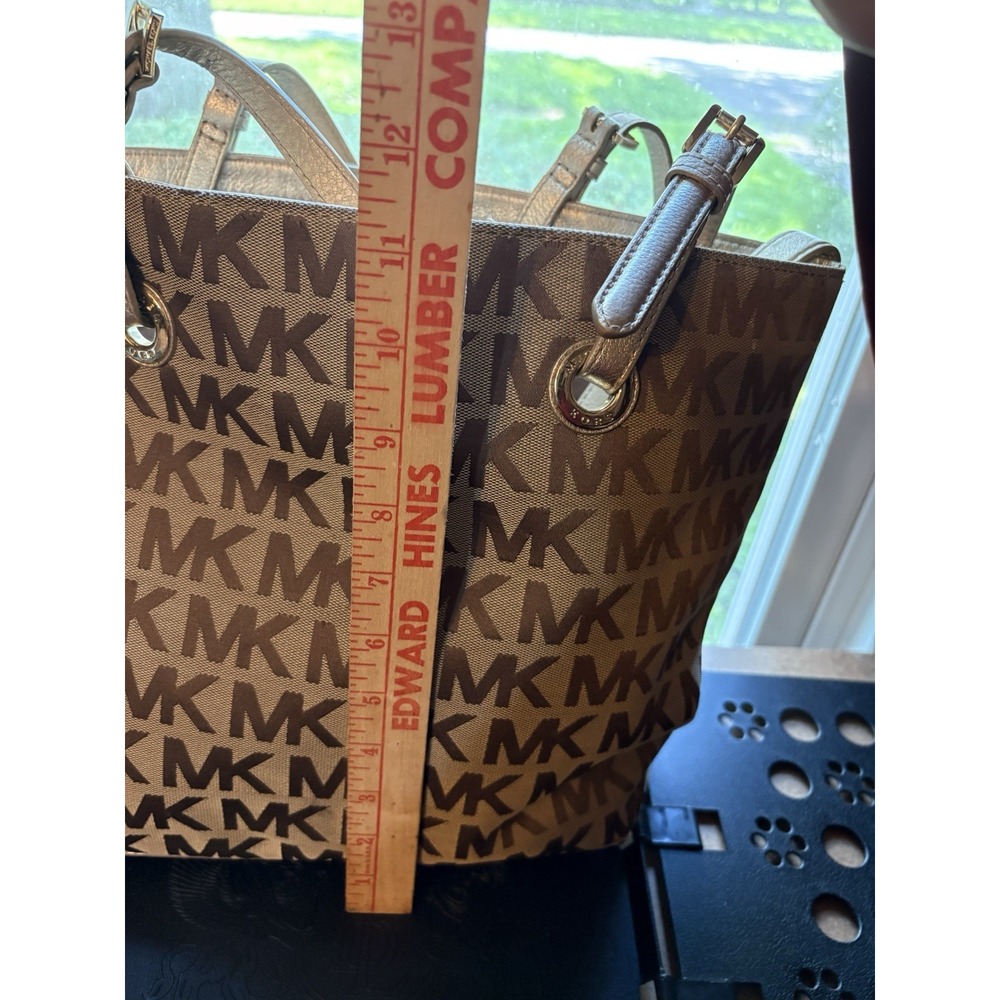 Michael Kors MK Signature Brown Jacquard Tote Shoulder Bag Leather Trim - Picture 7 of 8